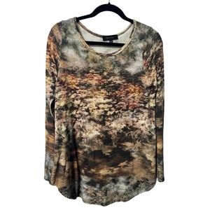 Y2K Karen Kane Womens Abstract Landscape Print Long Sleeve Scoop Neck Brown M